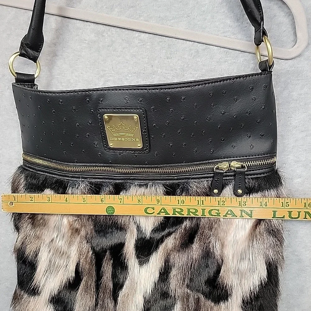 DEESIGNS Purse‎ By Ocleppo Hobo Shoulder Bag Faux Black Leather & Fur Statement